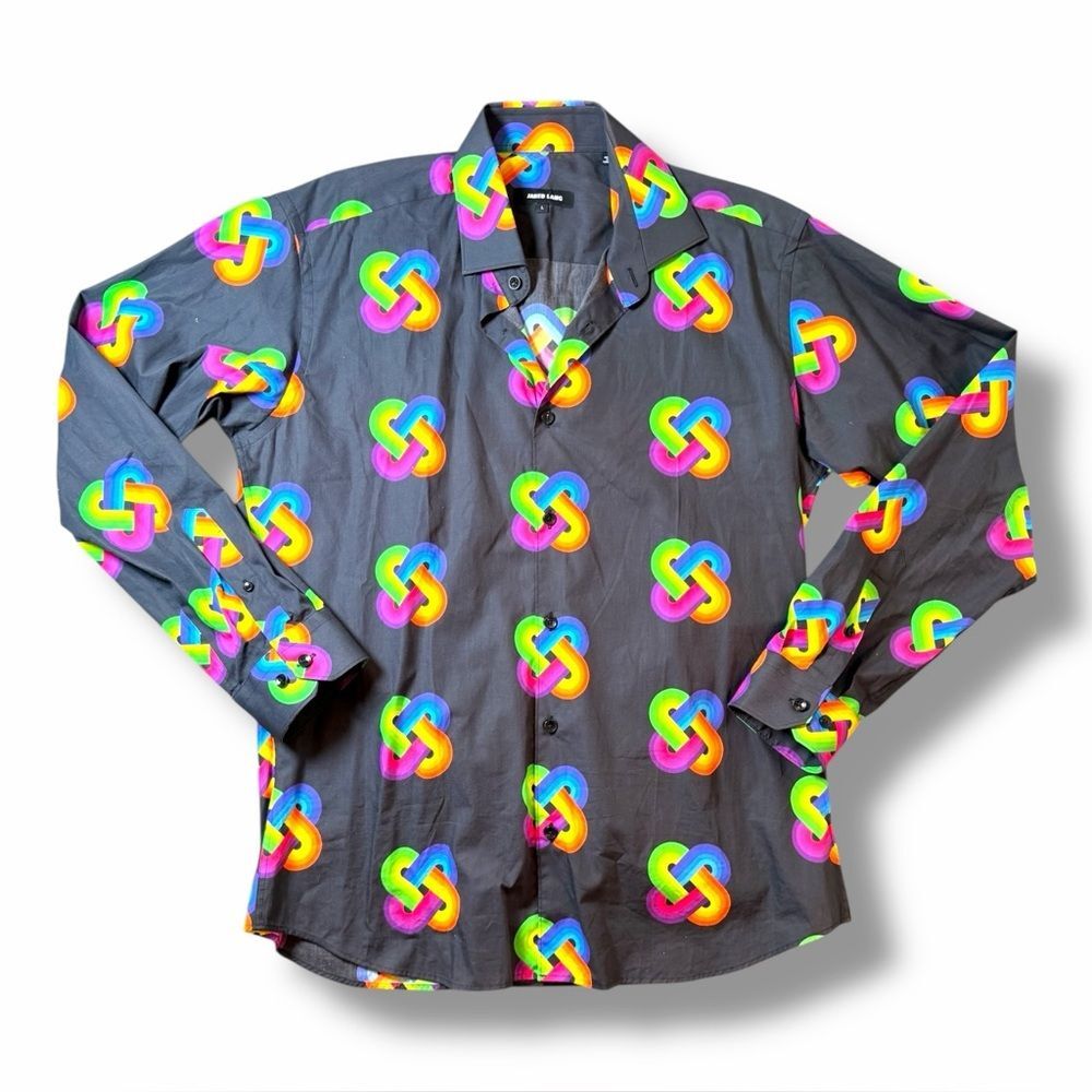 Jared Lang Dress Shirt Black & Multi Long Sleeve Cotton Casual Mens Rainbow Sz L